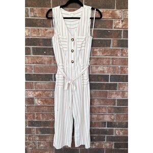 Monteau Los Angeles Sleeveless Jumpsuit Jumper Large Cropped Linen Blend Stripes